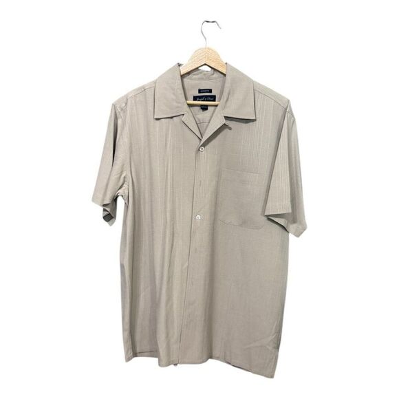 Joseph & Feiss Hawaiian Shirt Mens Medium Beige 100% Silk Short Sleeve Button Up - Picture 1 of 6